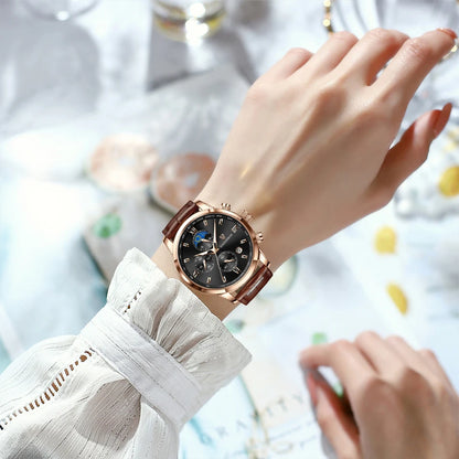 Montre-bracelet de luxe pour femme LIGE, bracelet en cuir, étanche, décontractée et sportive, à quartz, avec affichage 24 heures et phase de lune.