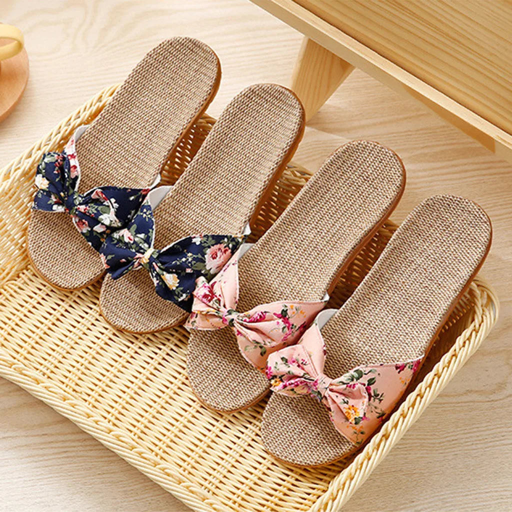 Chaussures pour femme Sandales Mujer Femmes Féminines Nœud décoratif Lin en toile Tongs Chaussures de plage Sandales Pantoufles Chaussures Femme