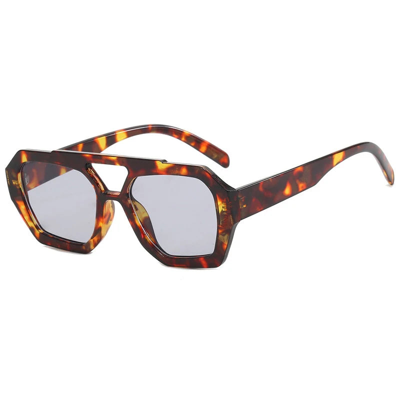 Lunettes de soleil rétro à double pont pour femmes, grande monture léopard dégradé thé, lunettes tendance de luxe de créateur, lunettes de soleil pour hommes