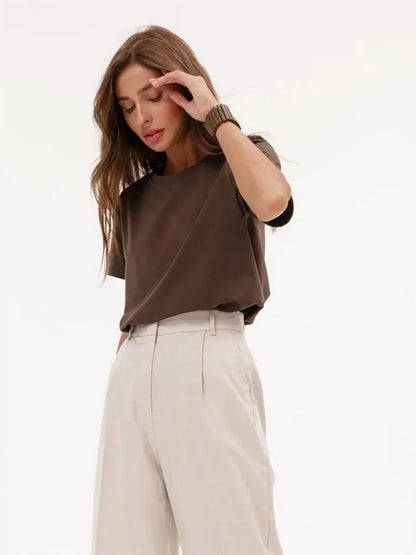 Bornladies Summer T-shirt femme 100 % coton, basique, tendance, uni, manches courtes, haut à superposer ample, 230 g/m², hauts et chemises