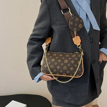 Sac à bandoulière mode pour femme avec imprimé floral et lettres, chaîne, grande capacité, fermeture éclair, sangle ajustable, mini pochette attachée, pour les trajets quotidiens