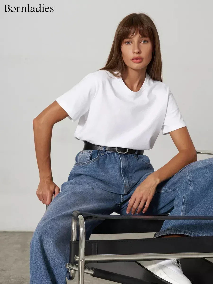 Bornladies Summer T-shirt femme 100 % coton, basique, tendance, uni, manches courtes, haut à superposer ample, 230 g/m², hauts et chemises