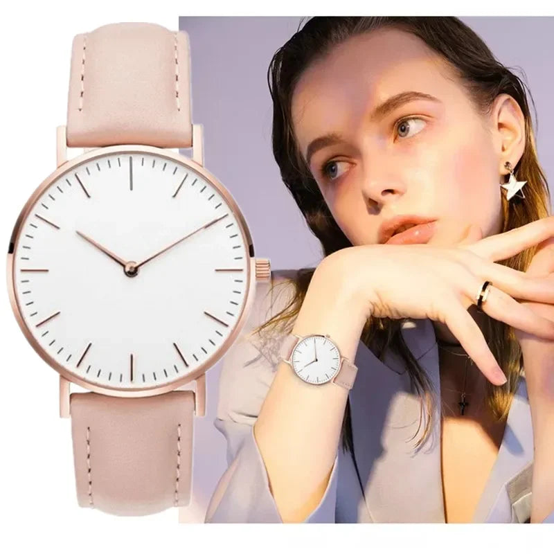 Montre élégante pour femme, simple, nouvelle collection 2023, rose et blanc, bracelet en cuir, montre-bracelet pour femme avec robe, montre féminine décontractée, idée cadeau tendance, Montre Femme