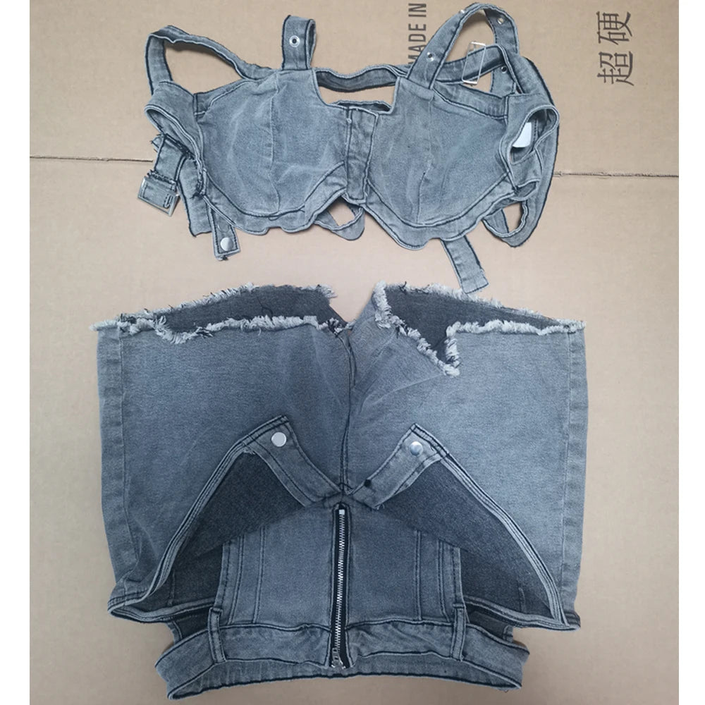 Ensemble short en jean sexy pour femmes, haut court en denim à bretelles et short découpé, vêtements d’été 2025, streetwear, tenue de club deux pièces