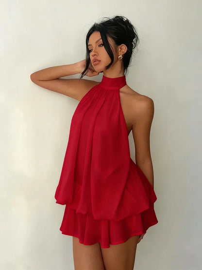 Robe à encolure licou pour femme, dos nu, en chiffon transparent à nouer sur le devant, mini-jupe, robe de fête tendance, sexy, Y2K, vintage, mignonne pour anniversaire
