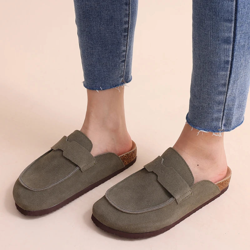 Litfun Nouveaux sabots pour femmes, mules en suède de liège tendance pour femmes, chaussons classiques en liège antidérapants pour l’extérieur avec soutien de la voûte plantaire