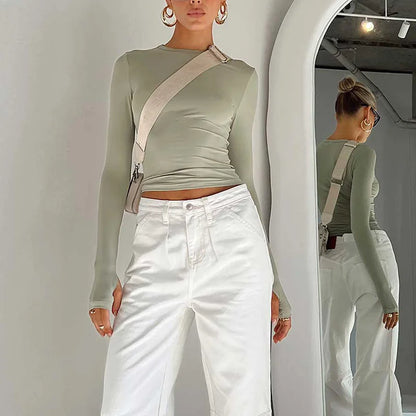 T-shirt femme mode à manches longues, col rond, uni, coupe slim, crop top pour femmes avec trous pour les pouces, pour le quotidien, streetwear d’été, camisoles