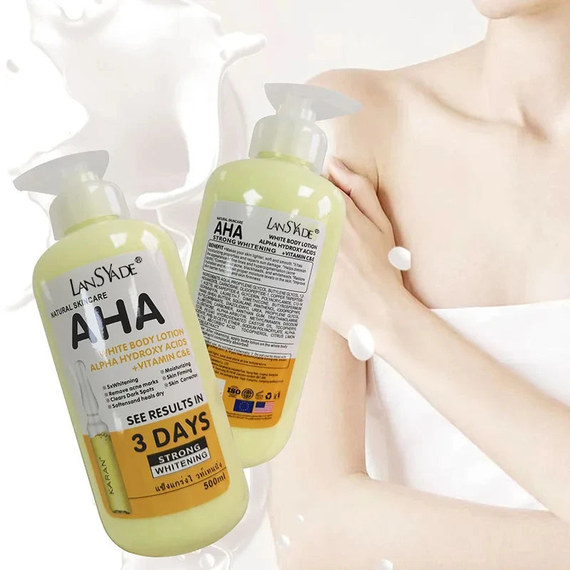 Crème corporelle blanchissante 500 ml aux acides hydroxy AHA, vitamines C&E, lotion corporelle hydratante éclaircissante, élimine les marques d’acné, soin de la peau