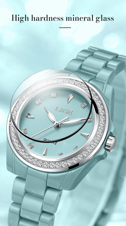 Montre pour femme LIGE 2026 nouvelle montre élégante en céramique à quartz, montre tendance étanche avec affichage lumineux, montre-bracelet pour femme + BOÎTE