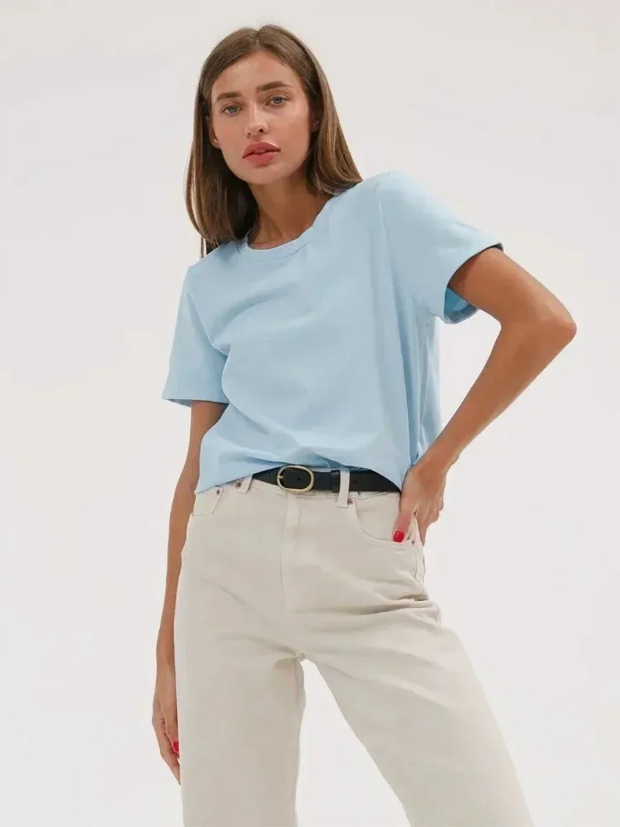 Bornladies Summer T-shirt femme 100 % coton, basique, tendance, uni, manches courtes, haut à superposer ample, 230 g/m², hauts et chemises