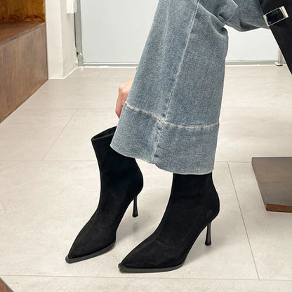 Bottines à talons hauts pour femmes à bout pointu, chaussures élégantes et tendance pour danse et soirées, bottines courtes slim extensibles pour femmes, automne-hiver