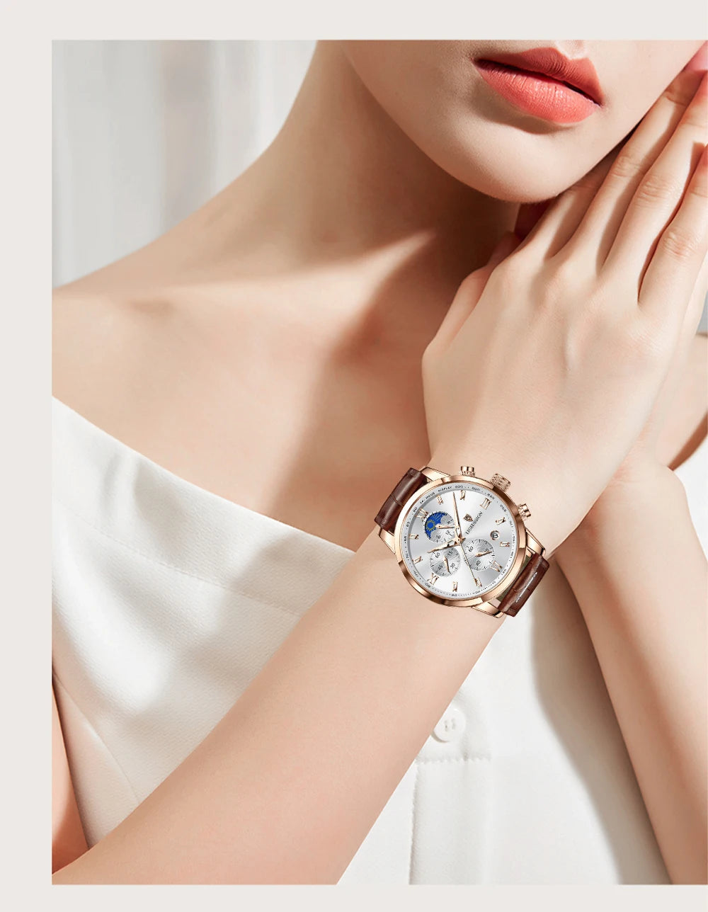 Montre-bracelet de luxe pour femme LIGE, bracelet en cuir, étanche, décontractée et sportive, à quartz, avec affichage 24 heures et phase de lune.