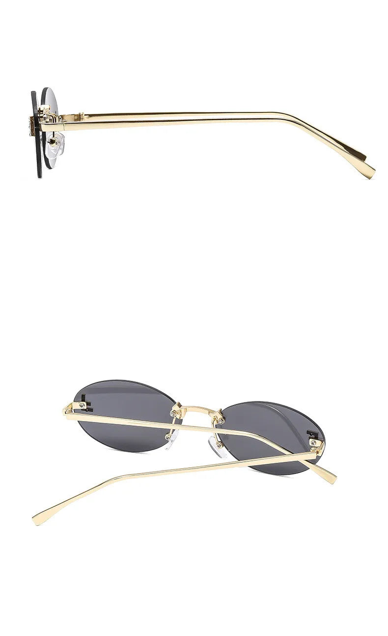 Lunettes de soleil de créateur de marque de luxe sans monture pour femmes, ovales rétro de petite taille, monture métallique, lunettes de soleil pour extérieur, style décontracté vacances, UV400 #300371