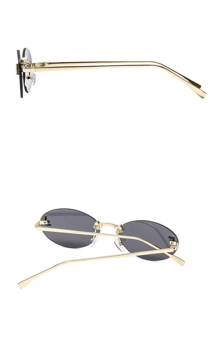 Lunettes de soleil de créateur de marque de luxe sans monture pour femmes, ovales rétro de petite taille, monture métallique, lunettes de soleil pour extérieur, style décontracté vacances, UV400 #300371