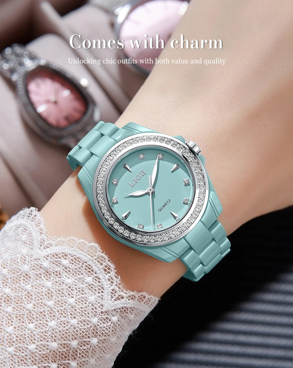 Montre pour femme LIGE 2026 nouvelle montre élégante en céramique à quartz, montre tendance étanche avec affichage lumineux, montre-bracelet pour femme + BOÎTE