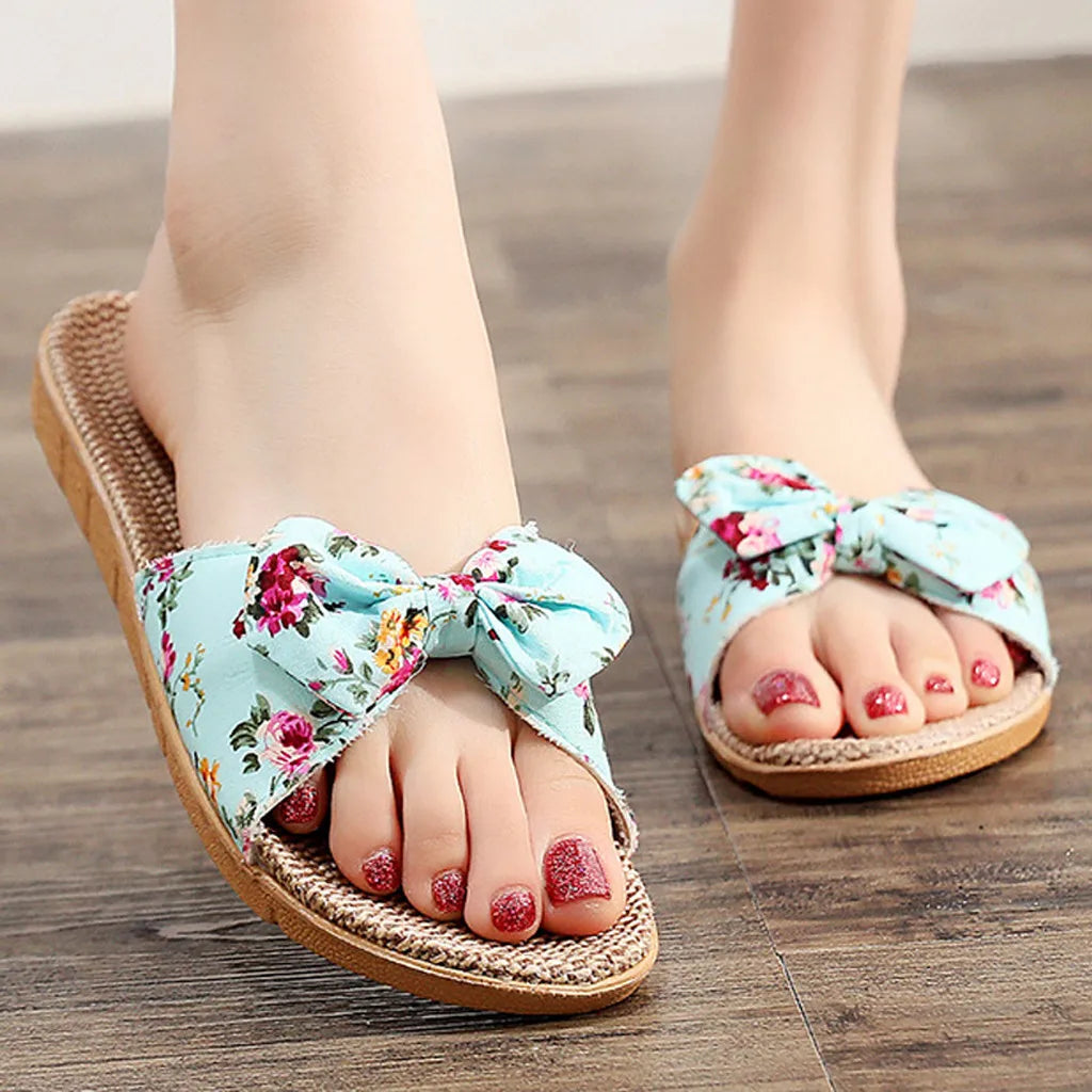 Chaussures pour femme Sandales Mujer Femmes Féminines Nœud décoratif Lin en toile Tongs Chaussures de plage Sandales Pantoufles Chaussures Femme