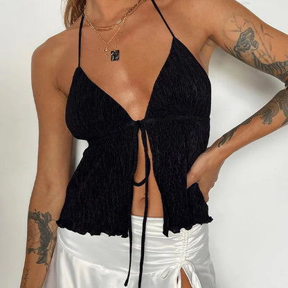 Hauts courts à col licou pour femmes été, hauts verts de couleur unie style bandage à devant ouvert, dos nu et sans manches, streetwear Y2K