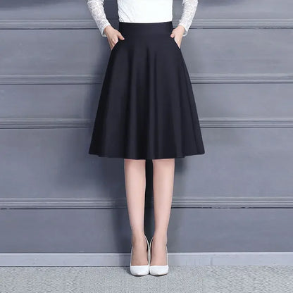 Jupes pour femmes populaires M-3XL jupe mi-longue plissée unie avec poches, taille élastique, tendance, facile à assortir, style femme de bureau, douce pour la peau, élégante