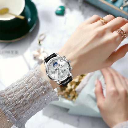 Montre-bracelet de luxe pour femme LIGE, bracelet en cuir, étanche, décontractée et sportive, à quartz, avec affichage 24 heures et phase de lune.