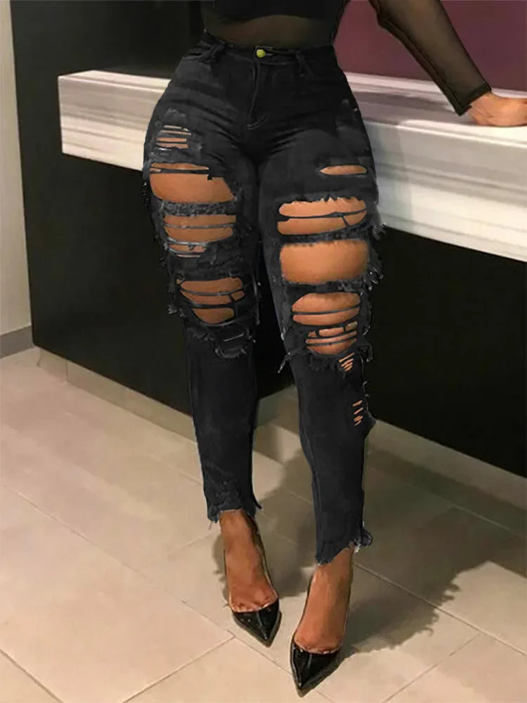 Jeans à trous pour femmes, pantalon crayon en denim, streetwear délavé, skinny extensible, taille haute, effet usé et déchiré, pantalon longueur cheville 2025