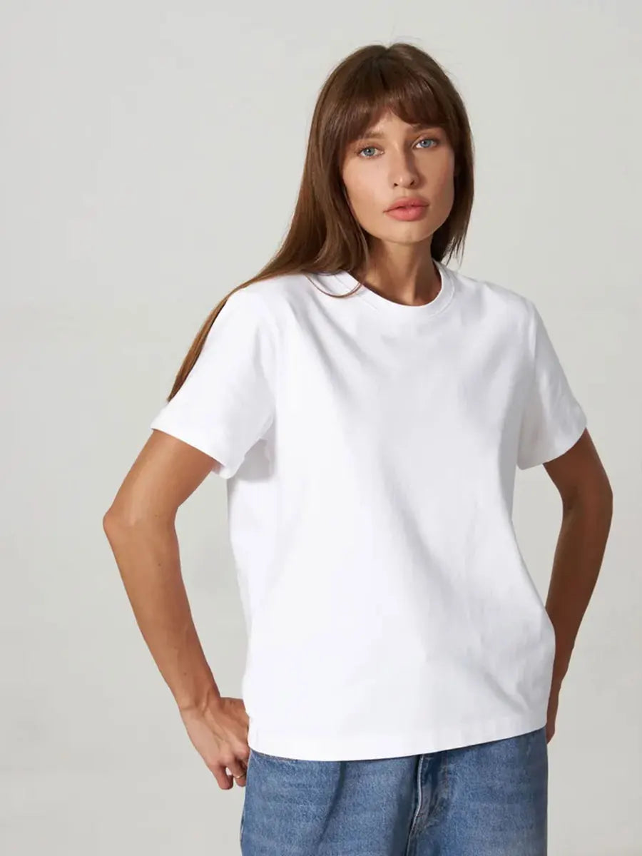 Bornladies Summer T-shirt femme 100 % coton, basique, tendance, uni, manches courtes, haut à superposer ample, 230 g/m², hauts et chemises