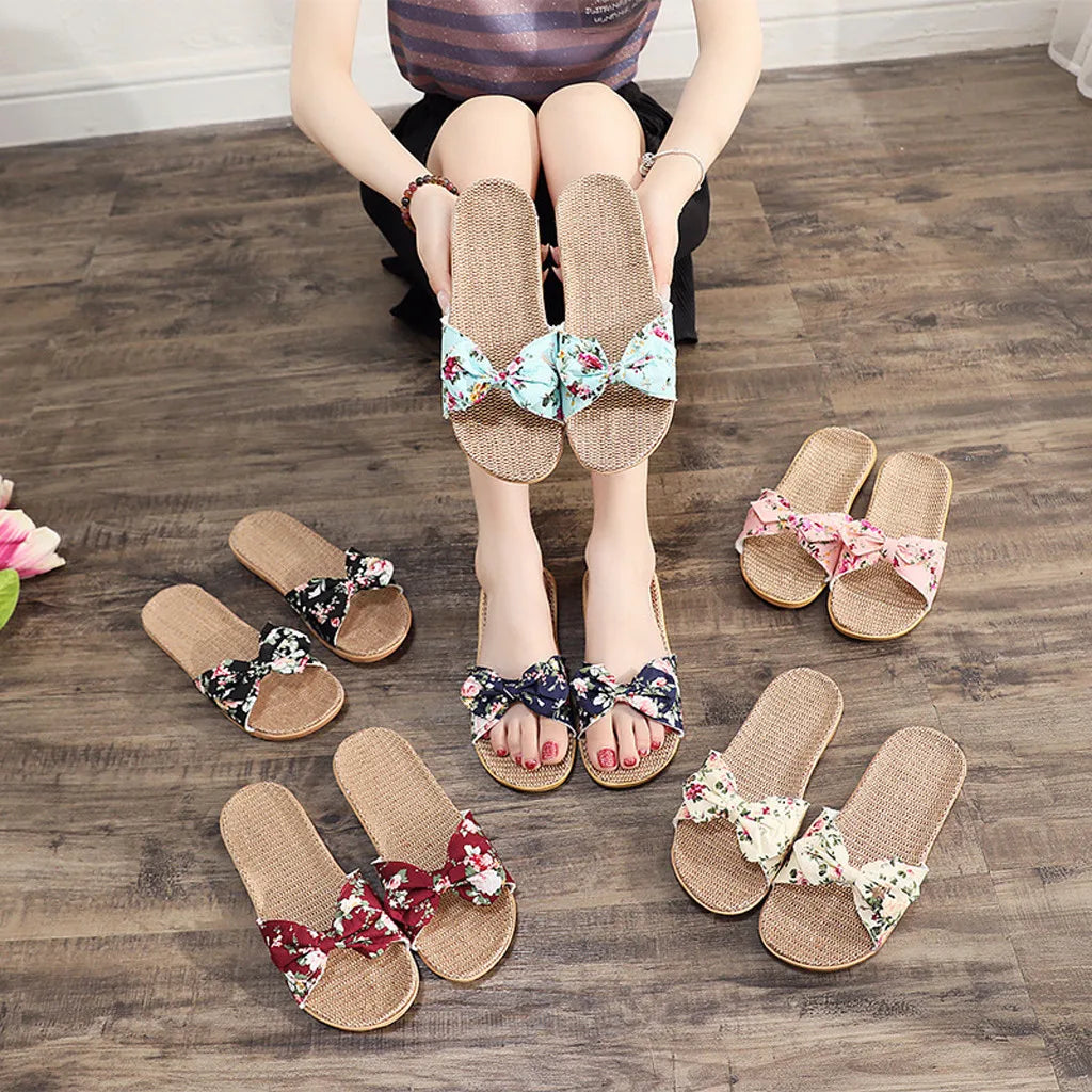 Chaussures pour femme Sandales Mujer Femmes Féminines Nœud décoratif Lin en toile Tongs Chaussures de plage Sandales Pantoufles Chaussures Femme