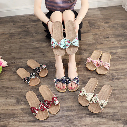 Chaussures pour femme Sandales Mujer Femmes Féminines Nœud décoratif Lin en toile Tongs Chaussures de plage Sandales Pantoufles Chaussures Femme