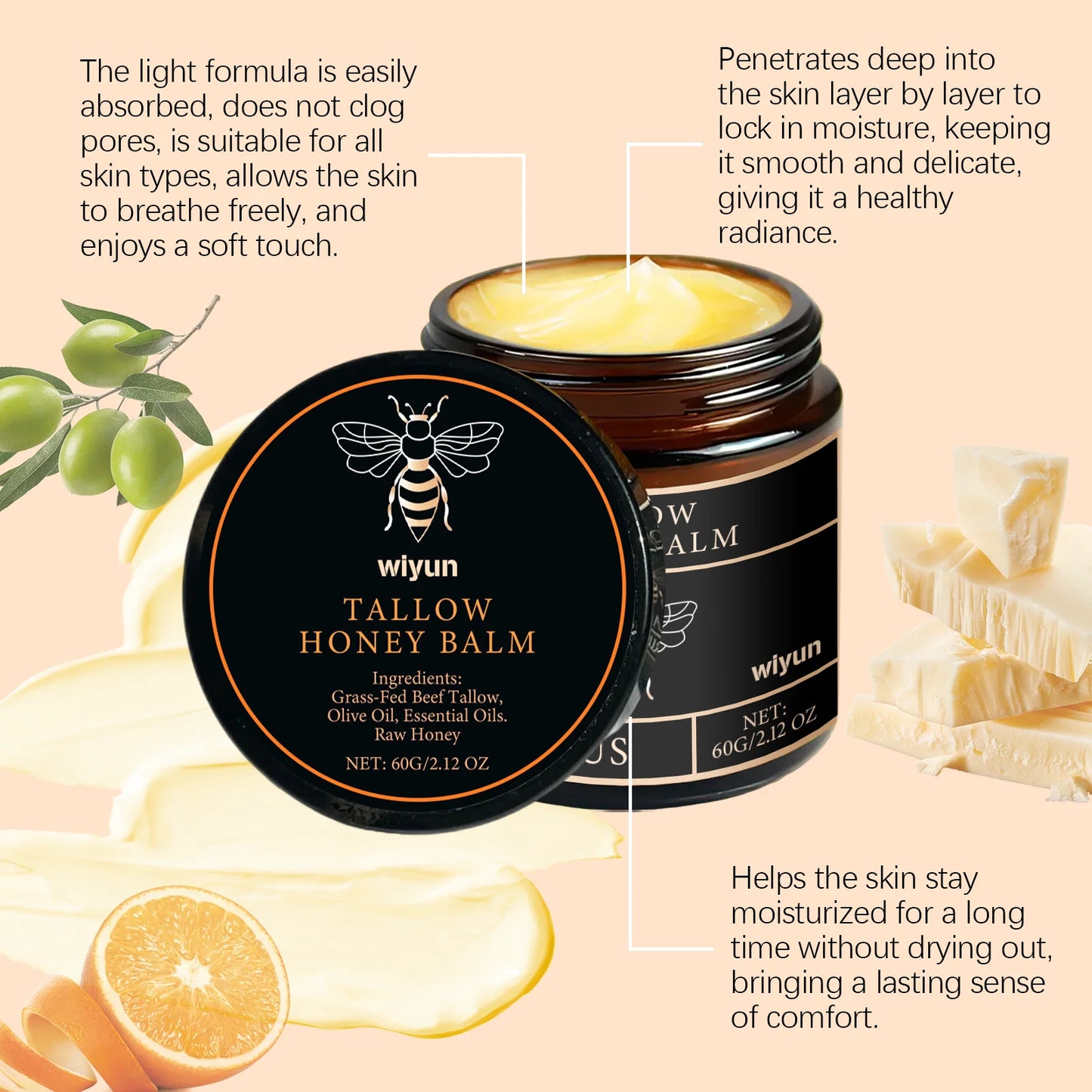 Lotion corporelle apaisante à la crème de miel et suif de bœuf, éclaircissante, atténuant les taches brunes, réduisant la mélanine, raffermissante, non grasse, hydratation durable.