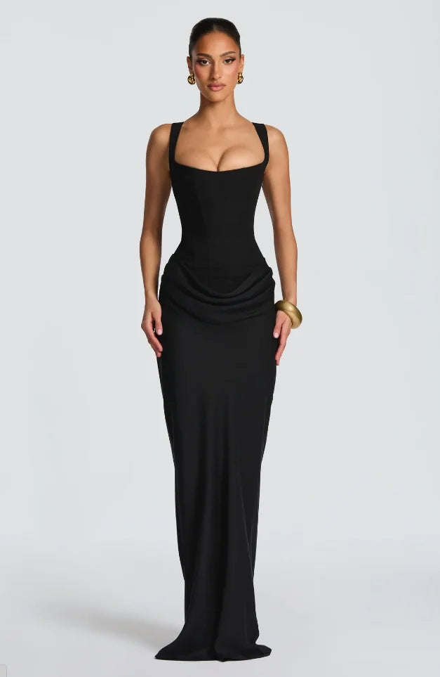 Robe à bretelles plissée unie pour femme col carré sans manches épaules dénudées cintrée à la taille effet amincissant robe de soirée et de fête pour femme 2025