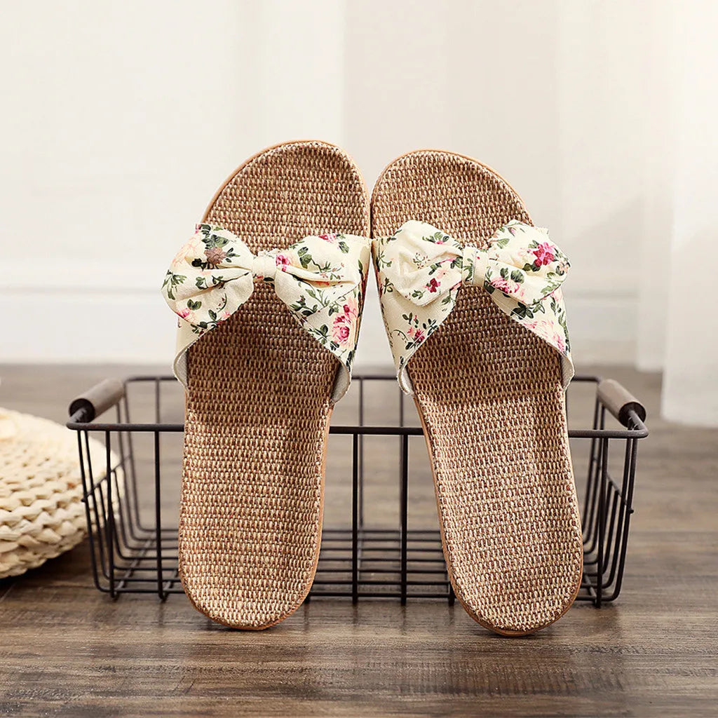 Chaussures pour femme Sandales Mujer Femmes Féminines Nœud décoratif Lin en toile Tongs Chaussures de plage Sandales Pantoufles Chaussures Femme