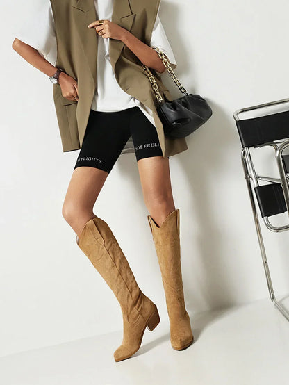 Bottes de chevalier à bout pointu pour femmes en cuir PU marron, bottes hautes jusqu’au genou pour femme, style western cowboy automne-hiver, longues bottes mujer 2024