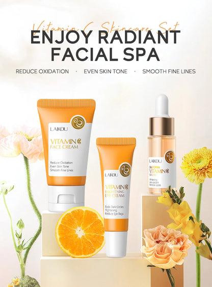 Ensemble de soins de la peau à la vitamine C LAIKOU 3 pièces : crème pour le visage, sérum et crème contour des yeux, hydratant, anti-rides, kit de soins du visage