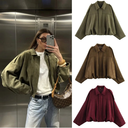 ETJ 2025 nouvelle veste bomber femme de printemps à effet suédine, coupe ample, col à revers, style mode, épaules marquéess