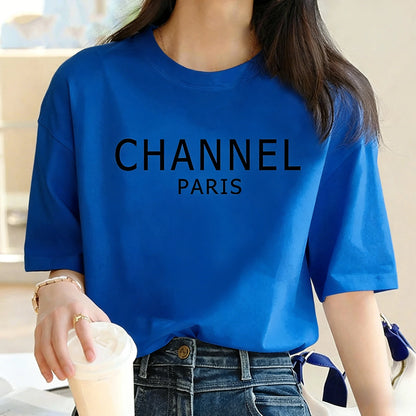 Marque de luxe, T-shirt graphique pour femmes lavable en machine, mode décontractée et élégante CHANNEL, haut à col rond à manches courtes, vêtements pour femmes