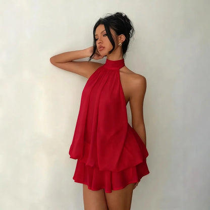 Robe à encolure licou pour femme, dos nu, en chiffon transparent à nouer sur le devant, mini-jupe, robe de fête tendance, sexy, Y2K, vintage, mignonne pour anniversaire