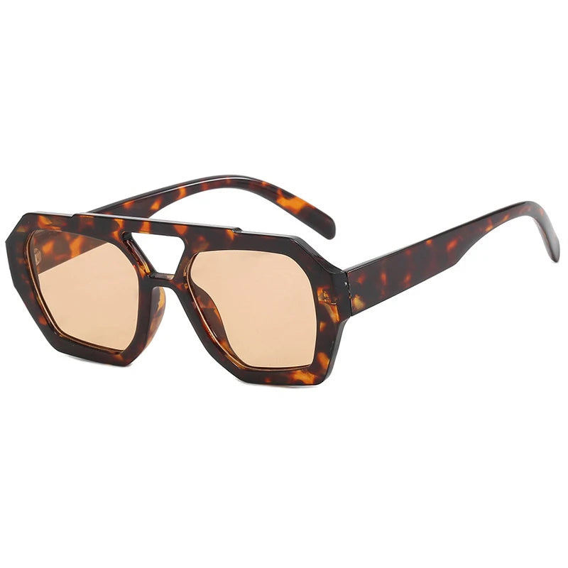 Lunettes de soleil rétro à double pont pour femmes, grande monture léopard dégradé thé, lunettes tendance de luxe de créateur, lunettes de soleil pour hommes