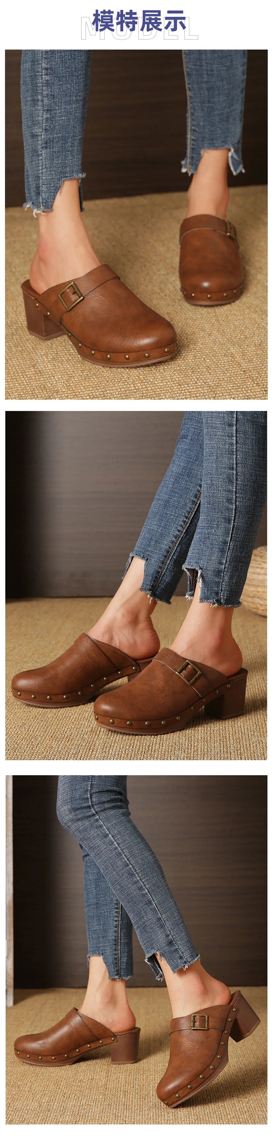 Mules à rivets pour femmes, boucle de ceinture, sandales à bout rond fermé, talons hauts épais, chaussures en cuir pour femme, rétro et décontractées