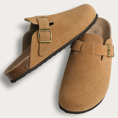 Litfun Nouveaux sabots pour femmes, mules en suède de liège tendance pour femmes, chaussons classiques en liège antidérapants pour l’extérieur avec soutien de la voûte plantaire
