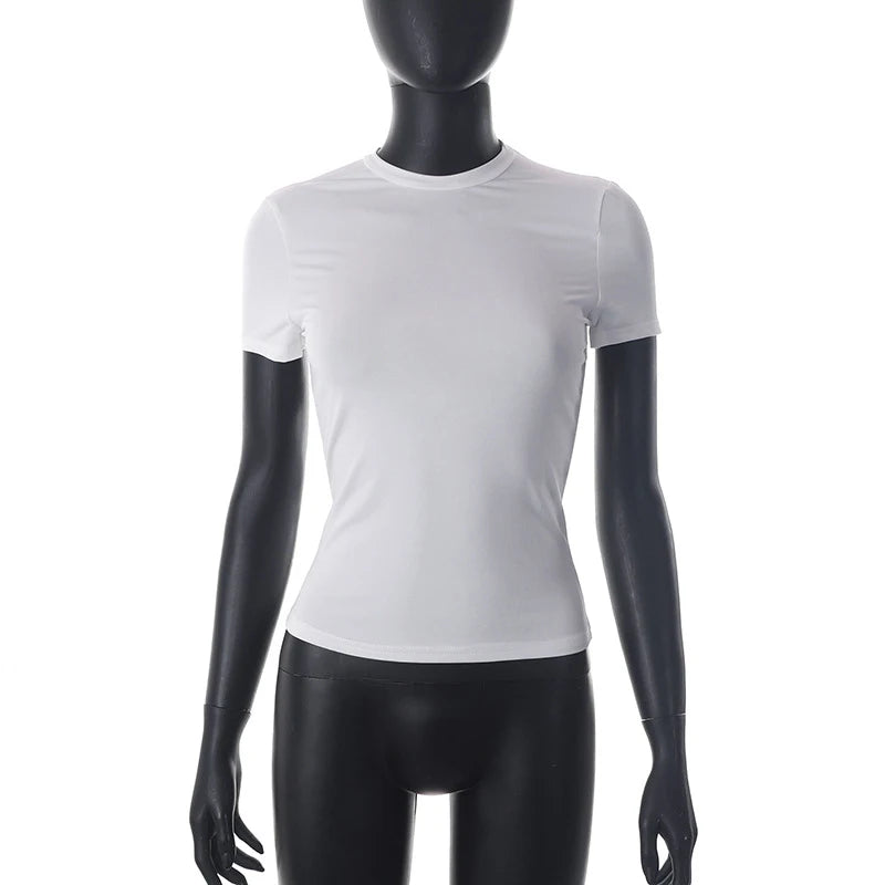 Nouveau t-shirt à manches courtes pour femmes printemps 2024, uni, simple, décontracté, doux, facile à assortir, tendance, haut court basique, t-shirt mode été.