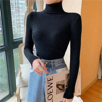Pull femme automne-hiver 2026 à manches longues en maille, col roulé rabattable côtelé, doux et chaud, jumper pullover vêtements pour femme