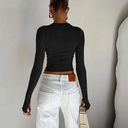 T-shirt femme mode à manches longues, col rond, uni, coupe slim, crop top pour femmes avec trous pour les pouces, pour le quotidien, streetwear d’été, camisoles