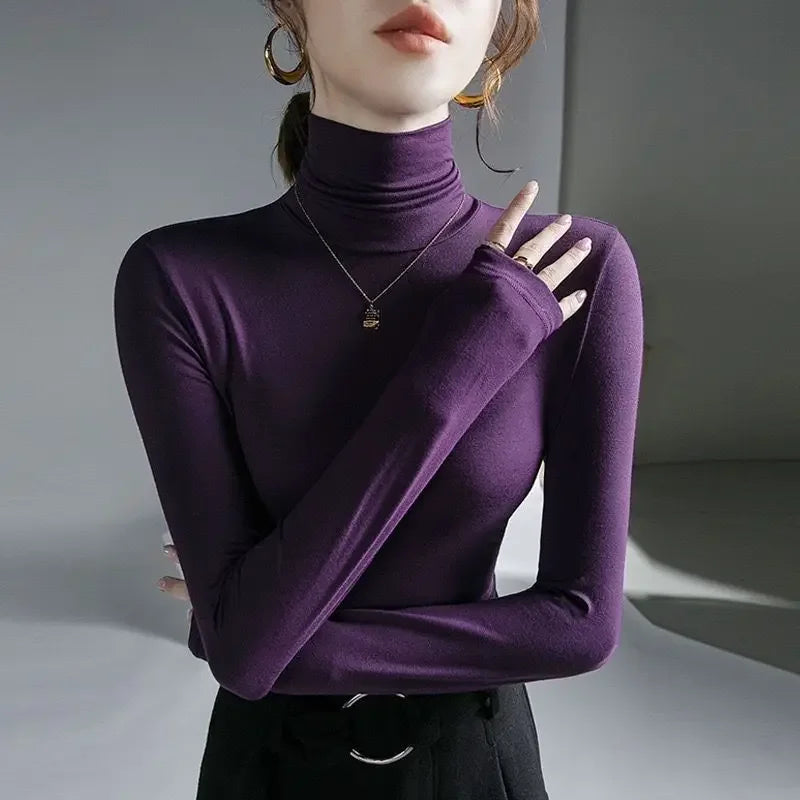 T-shirt femme à col roulé moulant vêtement 2025 haut noir pour femme t-shirt violet tee grunge esthétique simple pas cher stylé années 2000