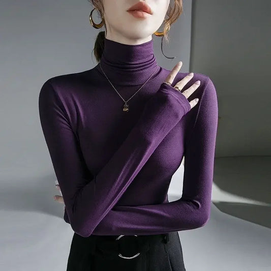 T-shirt femme à col roulé moulant vêtement 2025 haut noir pour femme t-shirt violet tee grunge esthétique simple pas cher stylé années 2000