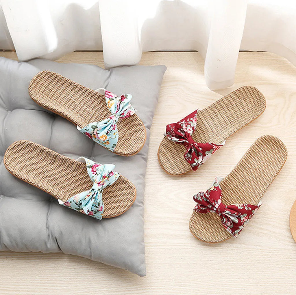 Chaussures pour femme Sandales Mujer Femmes Féminines Nœud décoratif Lin en toile Tongs Chaussures de plage Sandales Pantoufles Chaussures Femme