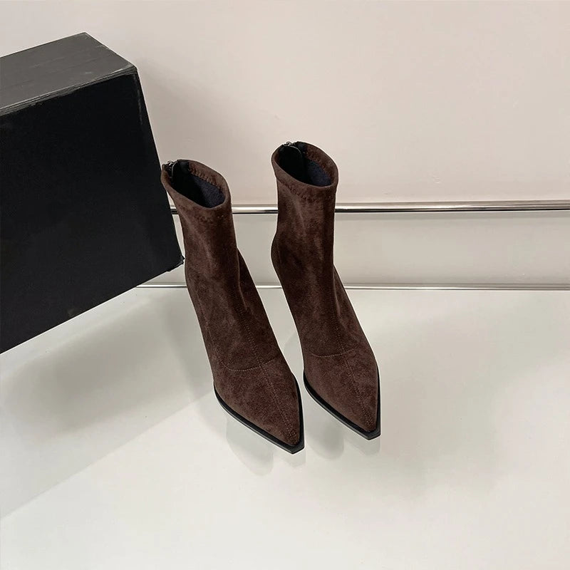 Bottines à talons hauts pour femmes à bout pointu, chaussures élégantes et tendance pour danse et soirées, bottines courtes slim extensibles pour femmes, automne-hiver