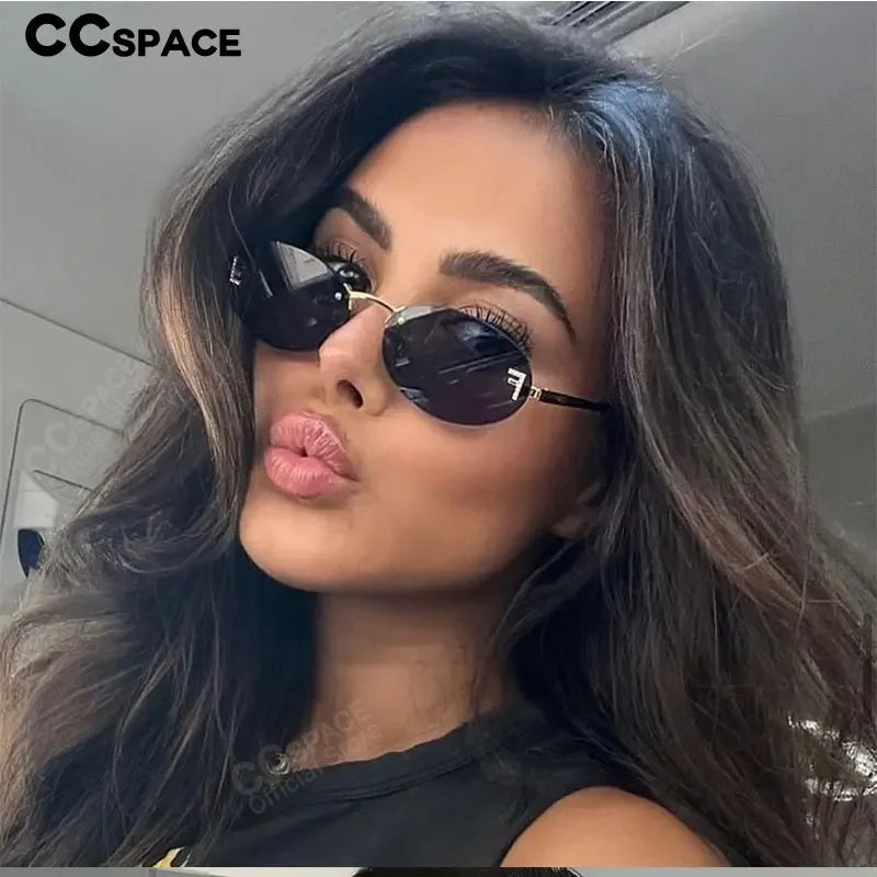 Lunettes de soleil de créateur de marque de luxe sans monture pour femmes, ovales rétro de petite taille, monture métallique, lunettes de soleil pour extérieur, style décontracté vacances, UV400 #300371
